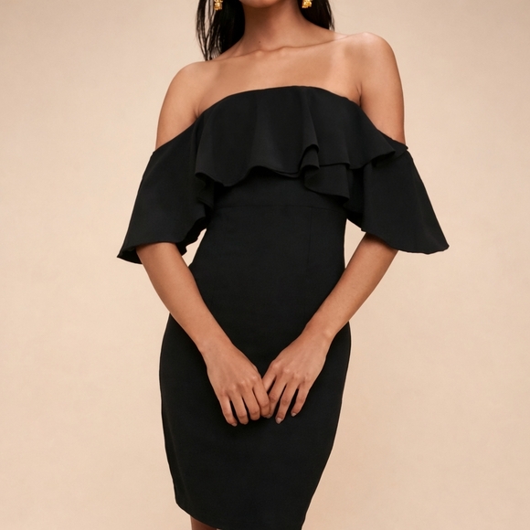 Lulus Aurelia Black Off-the-Shoulder Bodycon Midi Dress Size M - Picture 5 of 10